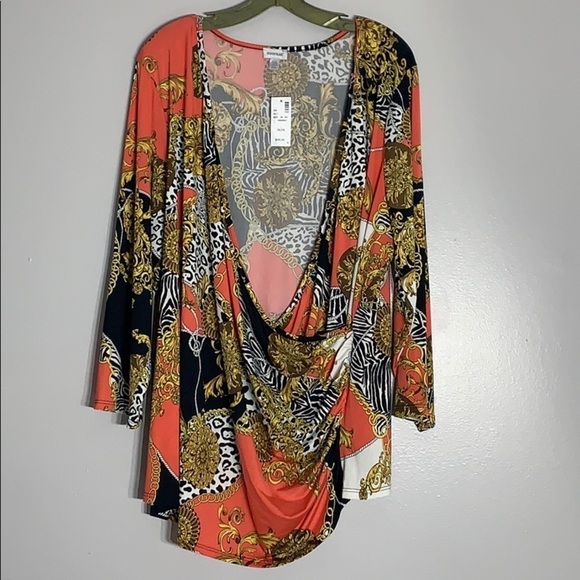 New Plus Miami Cross Over drape front Regal Chain print blouse 28 orange - Picture 1 of 8